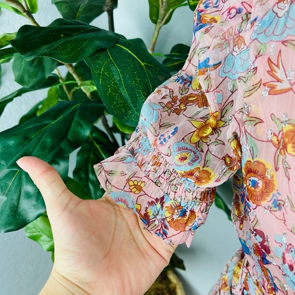 NWT WALTER BAKER FLORAL FITTED SMOCKED WAIST RUFFLE PINK PRIMROSE CHIFFON DRESS - Picture 3 of 8